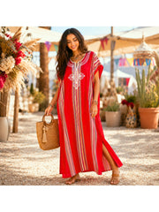 Women Boho Kaftan Dress Long Embroidered Beach Cover Up Lightweight Summer Kaftan Maxi Dress Loose Fit Swimwear Cover Up Holiday Beachwear Gandouri