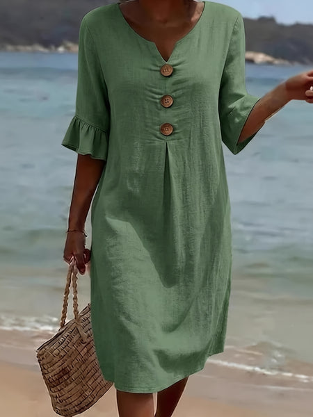 2026 Spring/ Summer New European And American Style V-Neck Big Button Ruffle Sleeve Dress Sexy Temperament Women'S Clothing