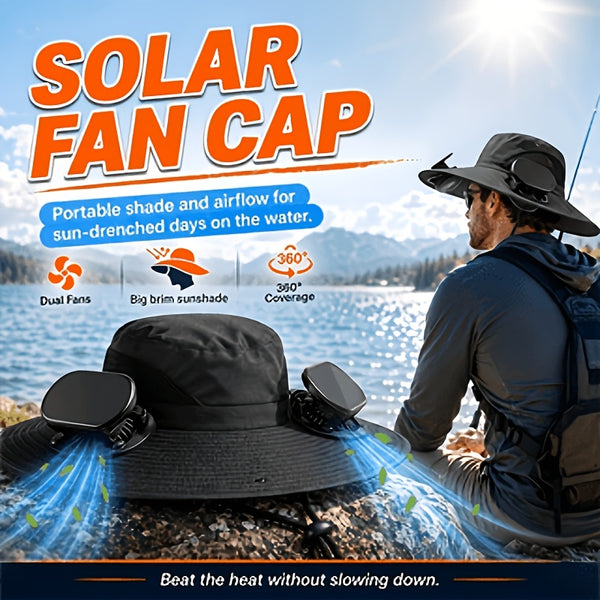Wearing An Outdoor Solar Fan Hat, It Features A Dual-fan Design And A Wide Brim, Supports USB Charging to Ensure Long-lasting Battery Life, And Is Perfect for Activities Such As Camping, Hiking And Fishing.