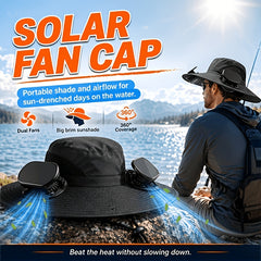 Wearing An Outdoor Solar Fan Hat, It Features A Dual-fan Design And A Wide Brim, Supports USB Charging to Ensure Long-lasting Battery Life, And Is Perfect for Activities Such As Camping, Hiking And Fishing.