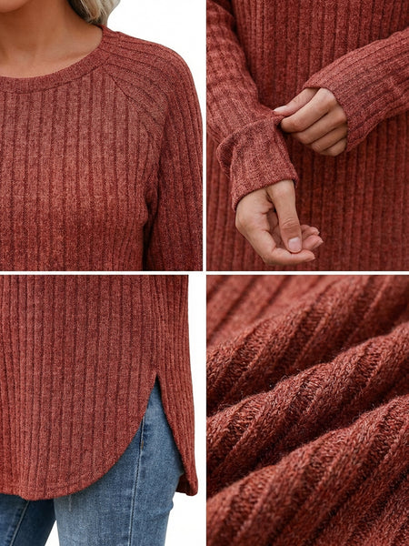 Ladies' Basic Long-Sleeve Sweater, Loose-Fit Top with Elegant Crew Neck.