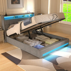 Upholstered Ottoman Bed/ 4 Drawer Storage Bed, 4ft6 Double Bed Frame with Storage & LED & USB, Gas Lift Up Storage Bed Hydraulic Upholstered Bed with Storage Headboard&Slats, Linen, No Mattress, Grey (Optional Purchase Of Mattress)