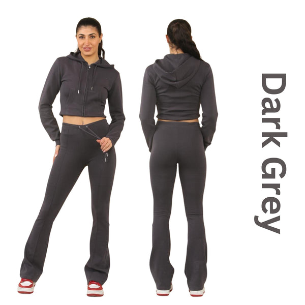 ZIPLORE Women'S Cropped Zip Hoodie and High-Waisted Bell Bottom Trousers Lounge Set for Casual, Athleisure & Streetwear - Suits, Womenswear Long Sleeve Minimalist Suits Womenswear Comfort Adjustable Clothing Drawstring Elegant Everyday Chic Loungewear Mat