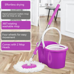 360° Spin Mop and Bucket Set with Wringer, Easy Wring Floor Cleaning Mop with 2 Reusable Microfiber Head for Household Living Room Bedroom Bathroom Toilet