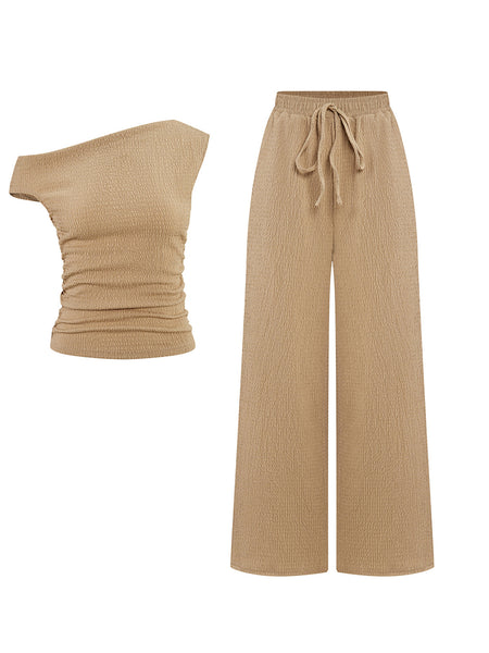 KatchMe Women's 2-Piece Outfit - Sloping Shoulder Top & Wide Leg Pants Set, Shirred Detail Matching Coord, Minimalist Solid Color Two Piece