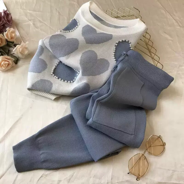 Women'S Korean-Style Heart-Shaped Printed Set - Short-Sleeved Beaded Top And Sweatpants, Casual Elegant Heart Pattern Outfit, Round Neck with Pockets, Casual Wear/Elegant /Beaded Details, Sweater Set
