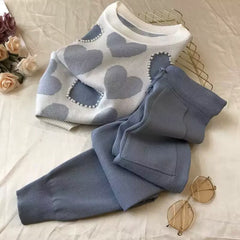 Women'S Korean-Style Heart-Shaped Printed Set - Short-Sleeved Beaded Top And Sweatpants, Casual Elegant Heart Pattern Outfit, Round Neck with Pockets, Casual Wear/Elegant /Beaded Details, Sweater Set