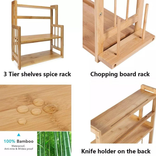 3 Tier Wooden Spice Rack Knife Holder Kitchen Organiser Shelf Stand Adjustable