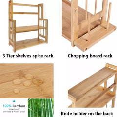 3 Tier Wooden Spice Rack Knife Holder Kitchen Organiser Shelf Stand Adjustable