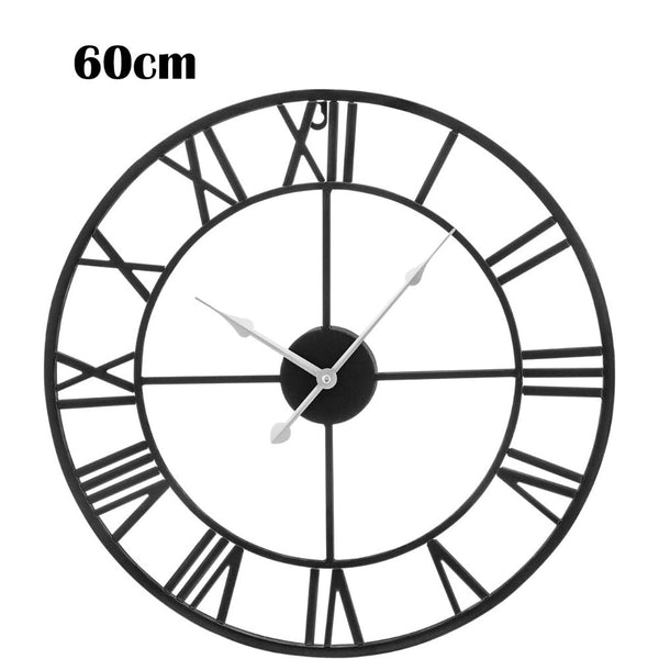 Vintage Large Wall Clock 60CM Vintage Black Round Metal Silent Non ticking Battery Operated Clock Skeleton Roman Numerals Hanging Clock for Living Room Bedroom Kitchen