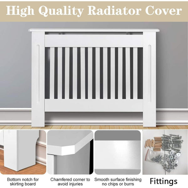 Radiator Cover Cabinet Large Small Wooden Radiator Cover, White Wood Painted MDF Cabinet Heater Cover Cabinet, Slats, Grill, Wood Top Shelf Easy Assembly for Living Room, Hallway, Bedroom Decoration