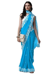 Estationeryhouse Women's Georgette Embroidery Border Work Designer Saree with Blouse Piece