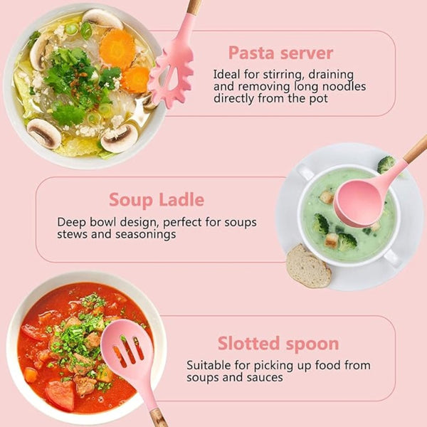 12pcs Spatula Spoon Cooking High Temperature Resistant Food Grade Silicone Household Kitchenware Spoon Spatula Set, Pink