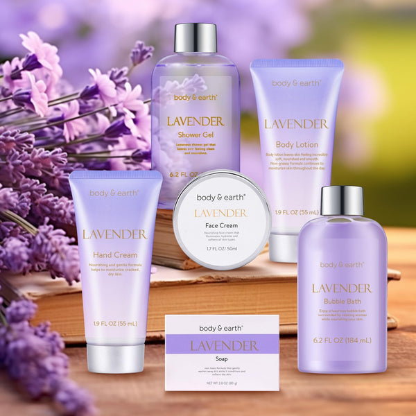 BODY & EARTH Bath Spa Gift Set for Women, Shower Gift Sets, 6Pcs Lavender Toiletries Gift Sets for Women, Luxurious Pamper Gifts for Women Birthday Gifts for Her Ladies Gift Sets Valentine'S Gifts