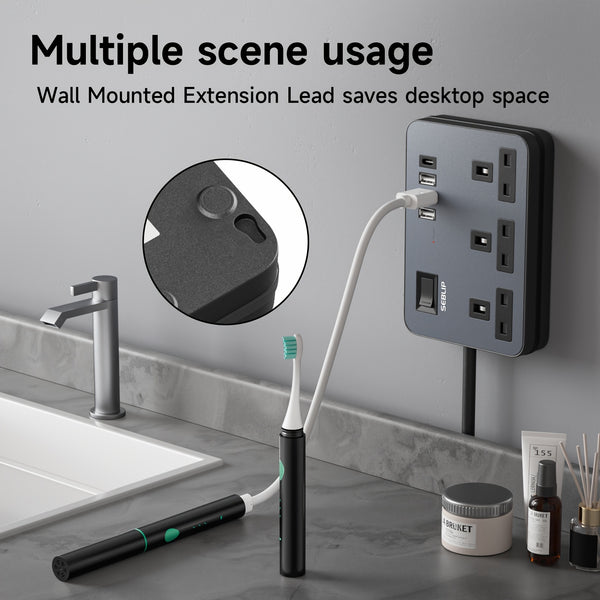 Power Supply 7in 1 Flat Plug Power Socket Outlet Extension Lead, 4 USB Slots Charging Ports Extension Socket, Multi Socket Power Board