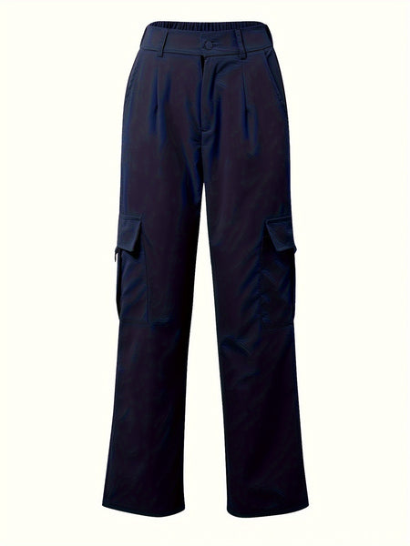 Flap Pocket Solid Color Cargo Pants, Y2K Slant Pocket Button Front Every Day Pants, Women's Clothing