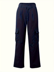 Flap Pocket Solid Color Cargo Pants, Y2K Slant Pocket Button Front Every Day Pants, Women's Clothing