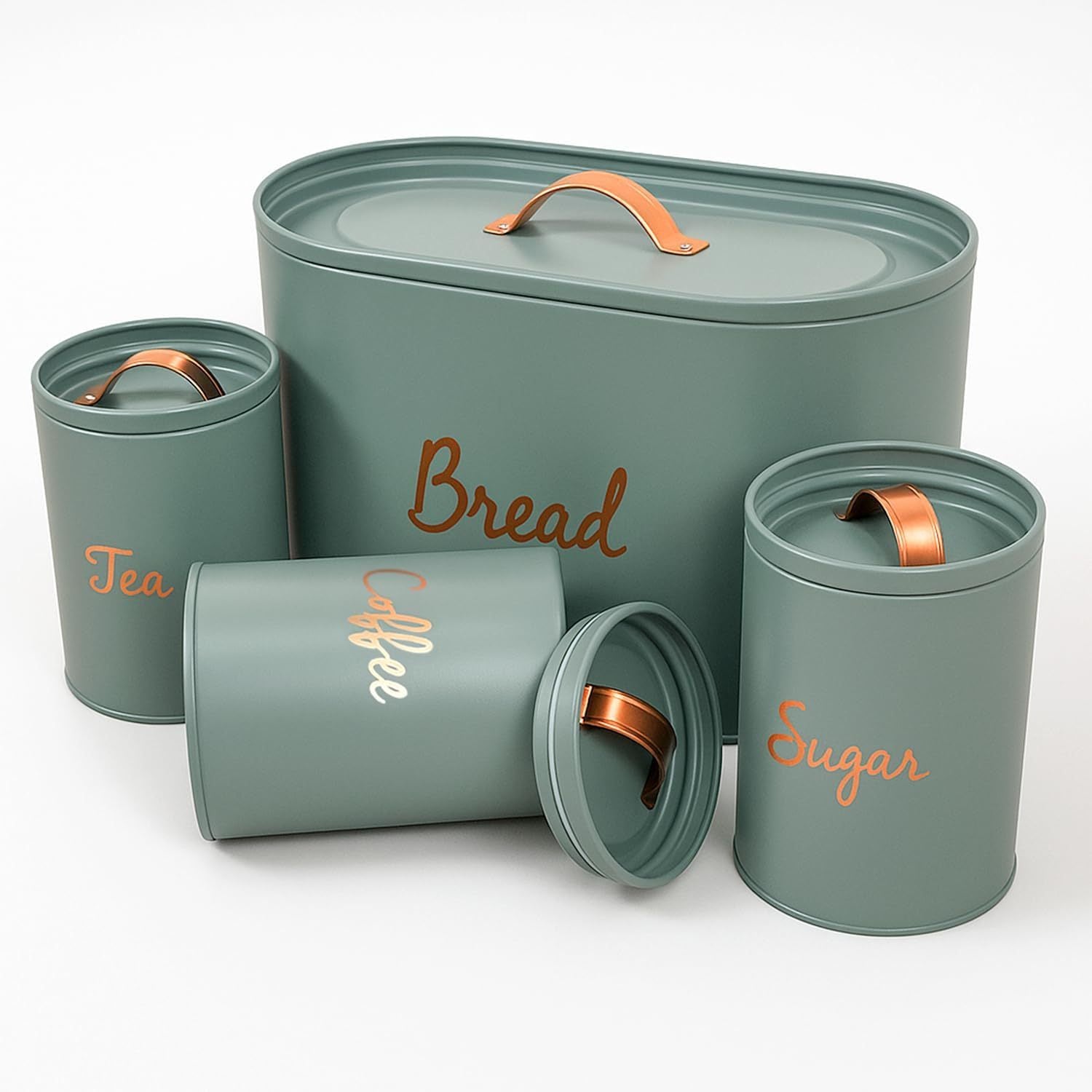 Kitchen Canister Set with Bread Bin (Green) | Metal Airtight Tea Coffee Sugar & Bread Canister with Silicone Seal | Kitchen Storage Set (4pcs) That Keep Edible Fresh for Longer