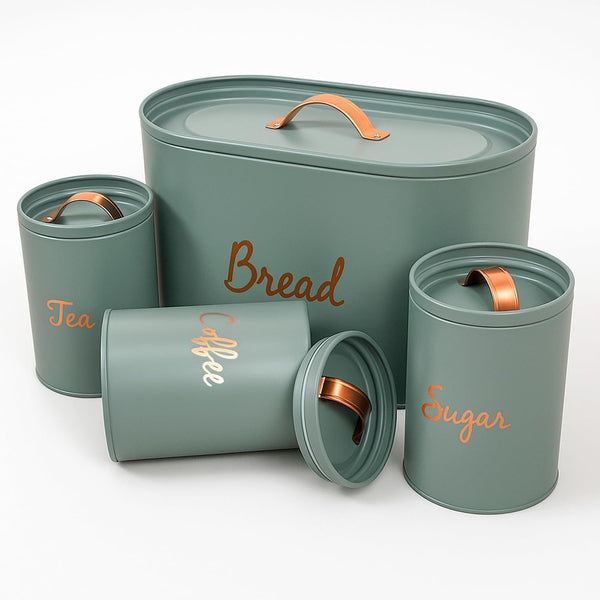 Kitchen Canister Set with Bread Bin (Green) | Metal Airtight Tea Coffee Sugar & Bread Canister with Silicone Seal | Kitchen Storage Set (4pcs) That Keep Edible Fresh for Longer