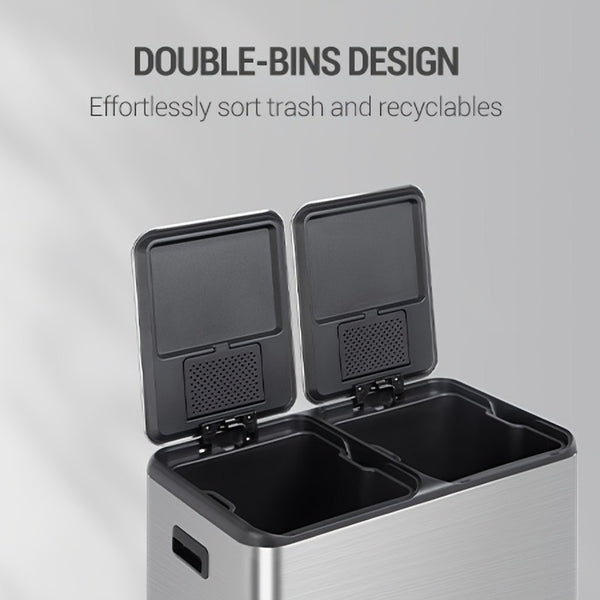 Kitchen Bin, (2 X 30L) 60L Recycling Bins, Pedal Bin with Lid, Stainless Steel Kitchen Bins Recycling And Waste, Silent Slow-Down Closing Lid, with 15 Exclusive Trash Bags, Silvery