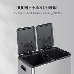 Kitchen Bin, (2 X 30L) 60L Recycling Bins, Pedal Bin with Lid, Stainless Steel Kitchen Bins Recycling And Waste, Silent Slow-Down Closing Lid, with 15 Exclusive Trash Bags, Silvery