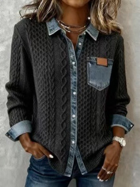 Denim Cardigan for Women Featuring Long Sleeves, a Stand-Up Collar, And Button Closure, Ideal for Casual Or Commuting Outfits in Spring And Summer, Suitable for All Seasons, with a Patchwork Design