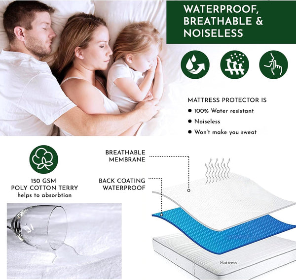 Caroline Shatuik 100% Waterproof Mattress Protector Double-30Cm Extra Deep Stretch Skirt Non-Noisy Terry Top Fitted Mattress Protector Double Bed Cover(137X190Cm)