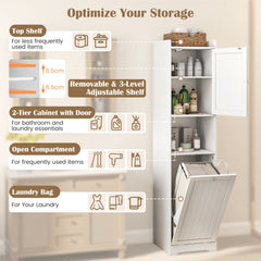 GYMAX 170 CM Bathroom Cabinet, Tall & Slim Linen Tower with Storage, Adjustable Shelf, Laundry Bag with Long & Short Handles, Open Shelf, Freestanding Laundry Cabinet, White