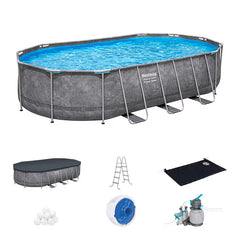 Bestway 20Ft X 12Ft Platinum Series Power Steel Oval Frame Pool with Sand Filter Pump and Solar Powered Pool Pad