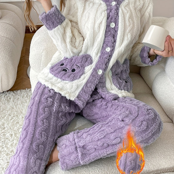 Autumn and Winter New Women's Long-Sleeve Robe Set with Embroidered Bear Pocket Design, Warm and Comfortable Loose-Fit Casual Home Wear