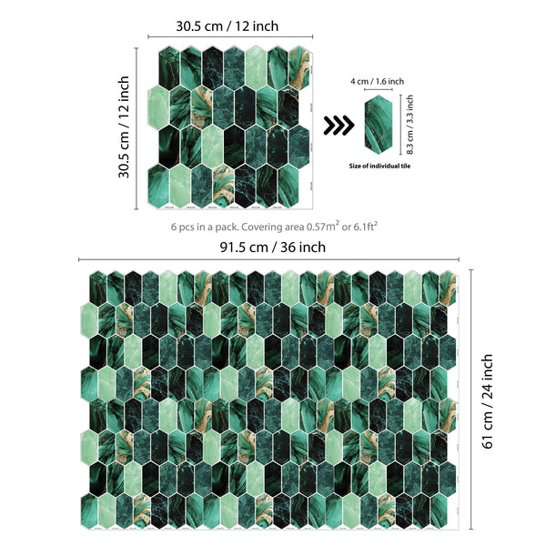 WALPLUS 6pcs 3D Tile Stickers Peel and Stick Backsplash Splashback Decals Tile Transfer for Kitchen Bathroom Living Room Stick on Tile Green Hexagon Honeycomb
