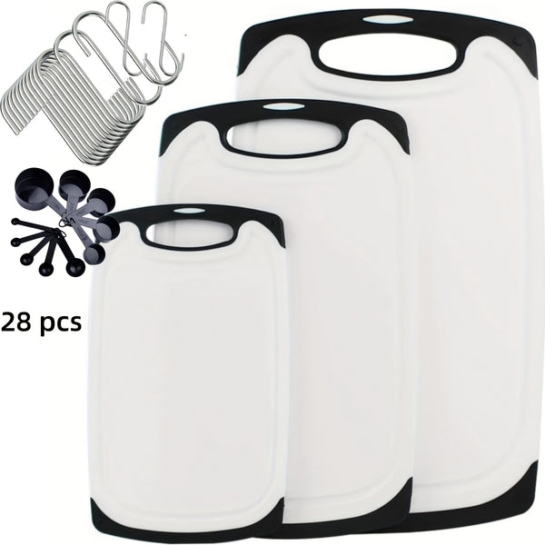 3-piece/13-piece/18-piece/28-piece Cutting Board Set (includes 15 S-shaped hooks, 10 measuring cups, and 10 measuring spoons), Kitchen Plastic Cutting Board, Non-slip Cutting Board with Handle, Juicing Groove and Grinding Groove, Suitable for Meat