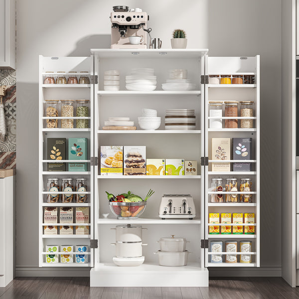 Modern White Wooden Kitchen Pantry Cabinet with Doors & Adjustable Shelves – Spacious Storage Organizer for Dishes, Utensils, and Food in the Kitchen, Living Room, or Dining Area, Kitchen Organizers And Storage
