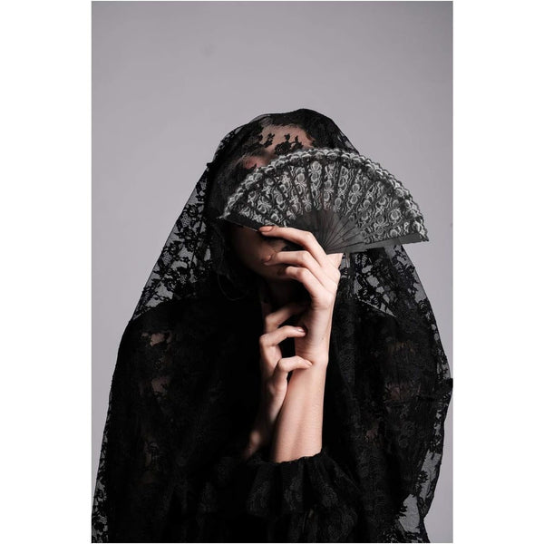 Black Lace Spanish Fan for Women, One Size, Foldable Lace Fan, Hand Held Fan for Wedding Party, Fancy Dress Costume Accessory