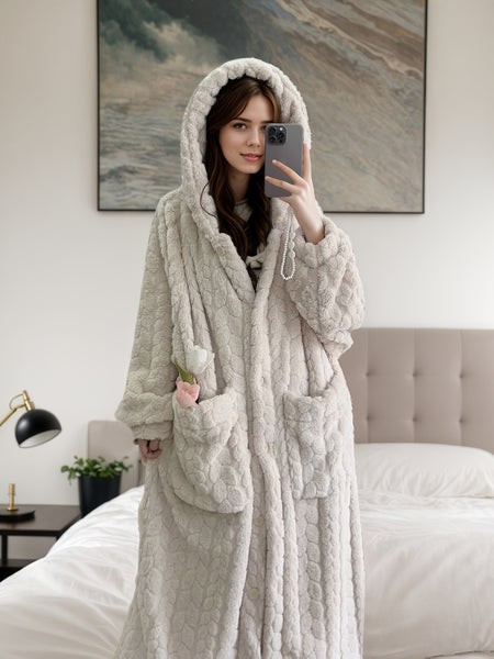 Adult Women's Hooded Night Dress - Preppy Style, Soft Flannel & Polyester Knit Fabric - Fall/Winter Lounge Wear | Cozy Fleece with Pockets | Machine Washable
