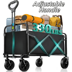 Large Heavy- Duty Folding Wagon- with All- Terrain Wheels, Utility Grocery Wagon, with Two Side, Sturdy Construction, Rolling Storage Cart for Camping, Shopping, Gardening & Outdoor Activities 70.1x39.12x44.96cm