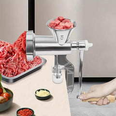 6-in-1 Manual Meat Grinder Aluminum Alloy Sausage Filling Machine Wooden Handle Meat Grinder for Meat and Vegetable Grinding and Sausage Filling