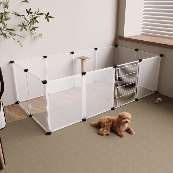 Transparent Plastic Dog Fence with Door Frame, 12-Panel Clear Plastic Dog Playpen with Door Frame, Modular Pet Fence System, Small/Medium Dog Pen with Convenient Access Gate for Indoor Use, Ideal for Home Indoor Use Like Living Room, Bedroom, 149x70x45cm