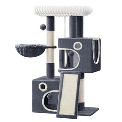 98cm Cat Tree, Cat Tower for Indoor Cats, Multi-Level Cats House Furniture with Scratching Post, 2 Caves, Large Platform, Scratching Ramp, Pompom, Light Grey