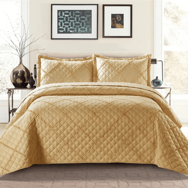 Embossed Ruffle Quilted Bedspread Bed Throw Single Double King size bedding set