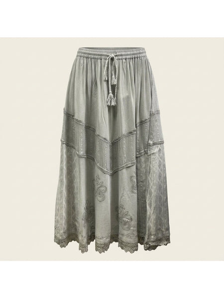 Women'S Indian Boho Maxi Skirt, Embroidered Drawstring Tiered Skirt 18654