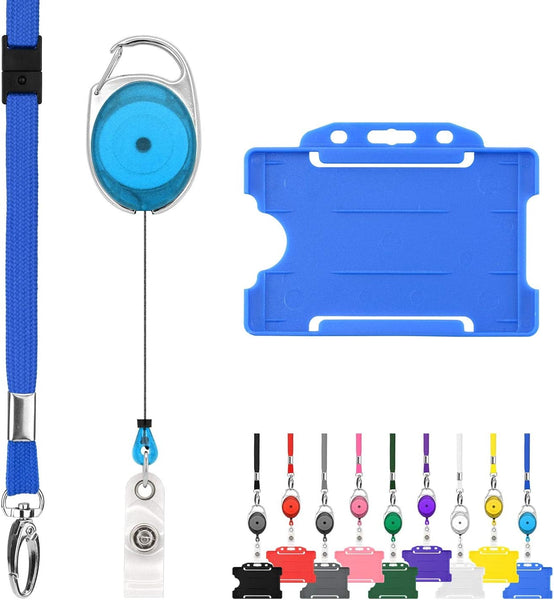 Retractable Lanyard and Badge Holder Trio Triple Pack by Lanyardstomorrow - Set Includes a Single Plain Lanyard, Extendable Carabiner Yoyo Reel Clip and Rigid ID Card Holder (Black)