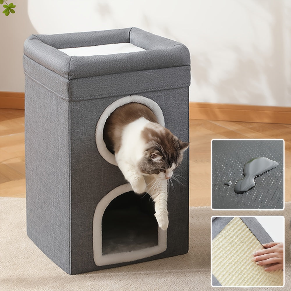 1 Luxury Cat House, Double-Decker Cat Bed with Fluffy Balls And Scratchboards - Foldable, Closed Cat Villa, Suitable for Indoor Cats And Small Dogs, Comfortable All Season, Soft Fabric, Cat House Villa; Modern Cat Bed; Durable Cat Bed, Cat Furniture