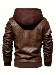 2907 Cross-Border New Double-Zipper Hooded Faux Leather Jacket Men'S Casual Fashion Motorcycle Jacket Men'S Korean Version Trendy Solid Color Coat Men