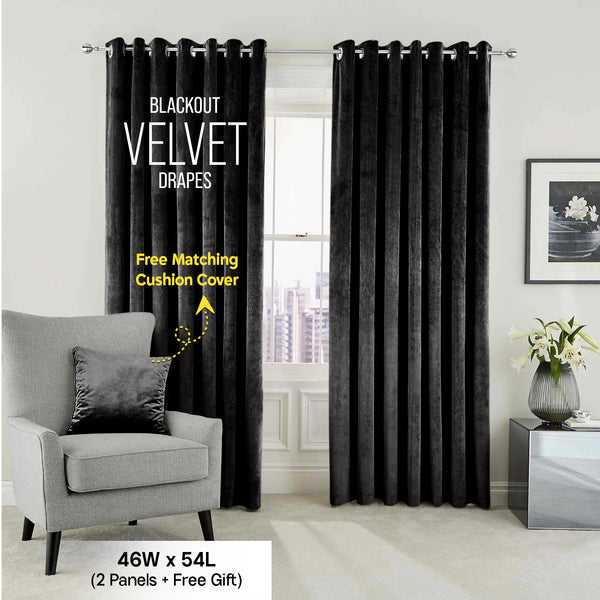 2pc Luxury Velvet Curtain Panels with Free Matching Velvet Cushion Cover – Thermal Insulated Grommet Top Drapes, Energy Saving Curtain Panels for Bedroom & Living Room Home Decor, Perfect Holiday Gift