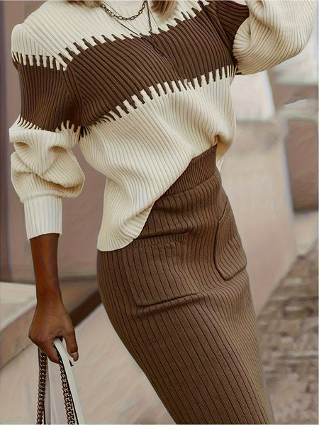 Chic Women's Ribbed Two-Piece Set: Color Block Sweater& Midi Skirt- Comfortable, Shaping Casual Wear for Fashion-Forward Ladies