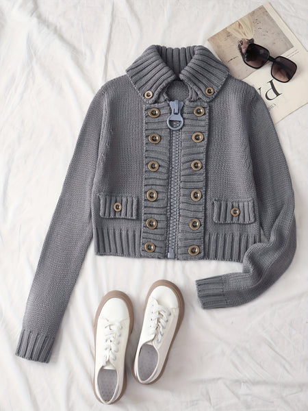 Christmas Women's Elegant Cardigan - Front Zipper & Multi Buttons, Stand-Up Collar Sweater, Structured Fit for Office, Party, Everyday - All-Season Chic Outerwear, Office Wear, Textured Knitwear, Ribbed Texture, Stylish Coverup, Working Professionals