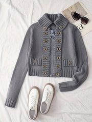 Christmas Women's Elegant Cardigan - Front Zipper & Multi Buttons, Stand-Up Collar Sweater, Structured Fit for Office, Party, Everyday - All-Season Chic Outerwear, Office Wear, Textured Knitwear, Ribbed Texture, Stylish Coverup, Working Professionals