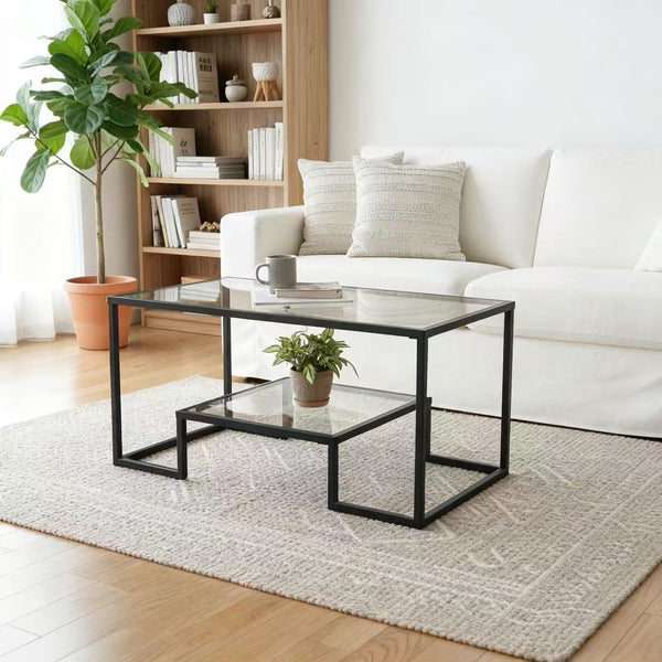 Alivio Modern Coffee Table with Metal Frame & Shelves Storage (Glass)