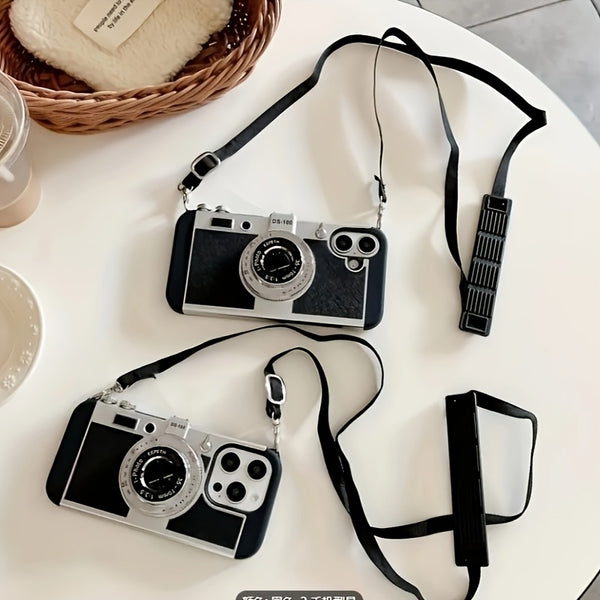 Phone Case: Creative Retro Camera Design Phone Case Women 3D Full Coverage with Detachable Strap Compatible with iPhone 11 12 13 14 15 16 17 Series Perfect Holiday Gift Idea